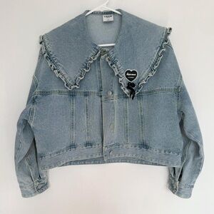 Denim Jacket with Ruffled Collar in Light Blue